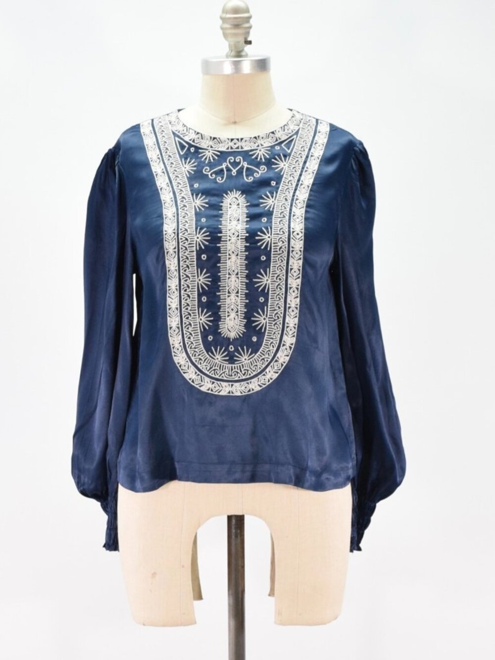 Souk Indigo Blue Satin Embroidered Peasant Sleeve Blouse